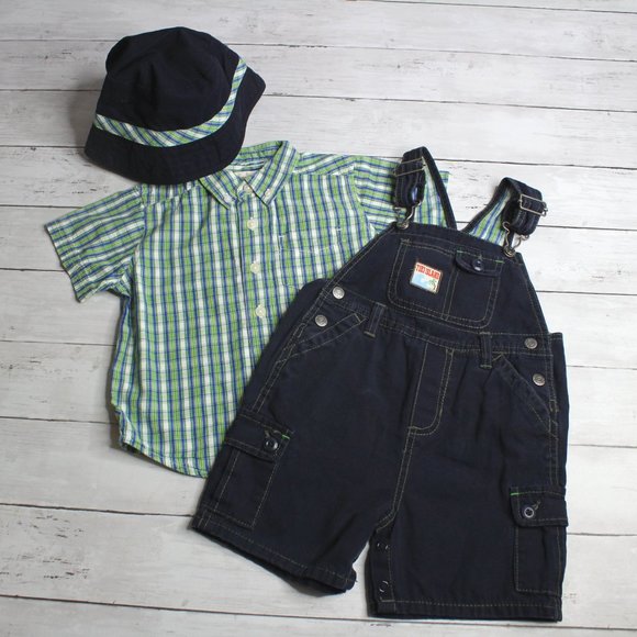 TCP Vintage Baby Boy Bib Overall Shorts Shirt Bucket Hat Set Size 24 Mo - Picture 4 of 9